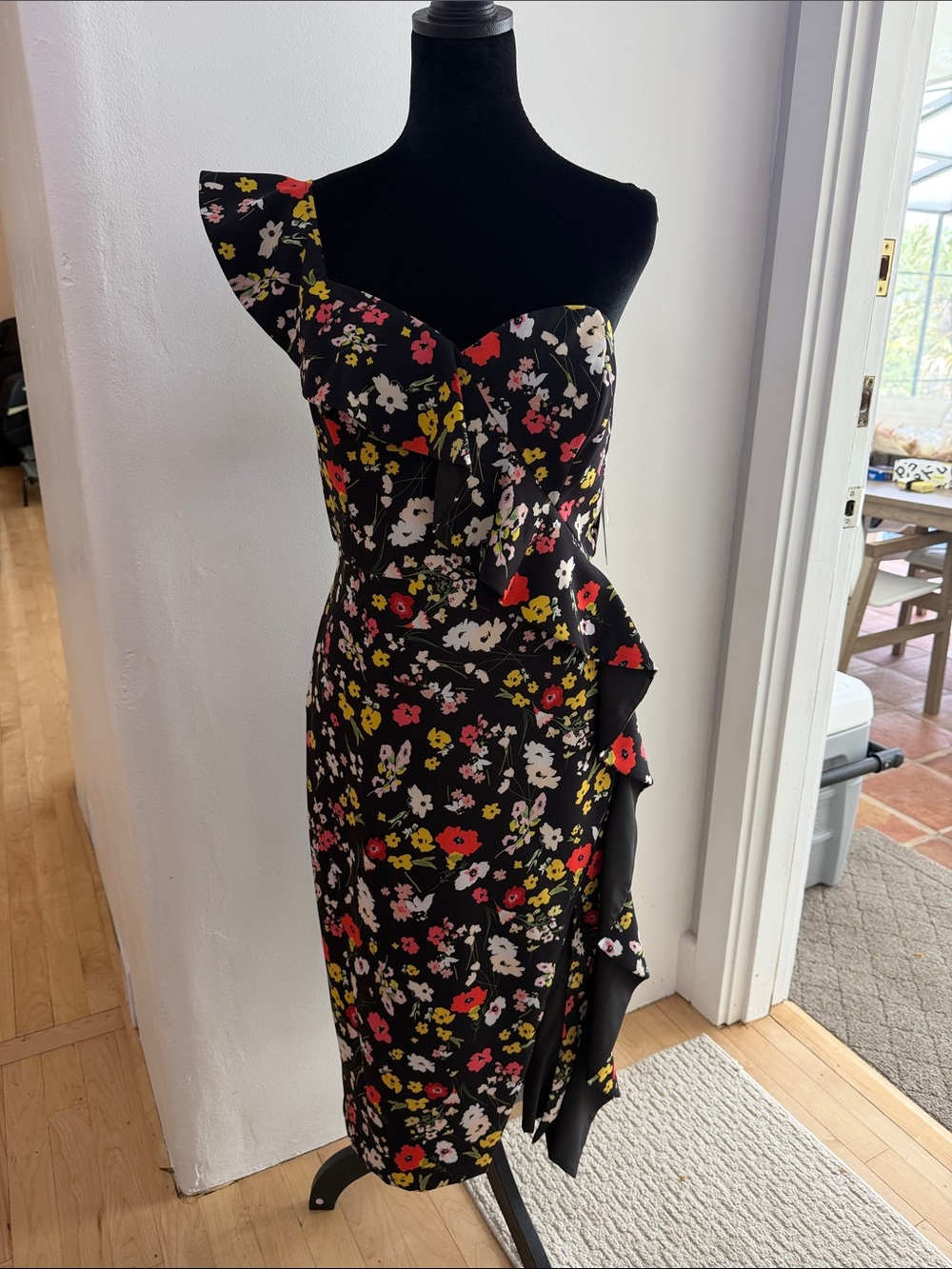 Aidan Mattox Black One-Shoulder Floral Midi Dress